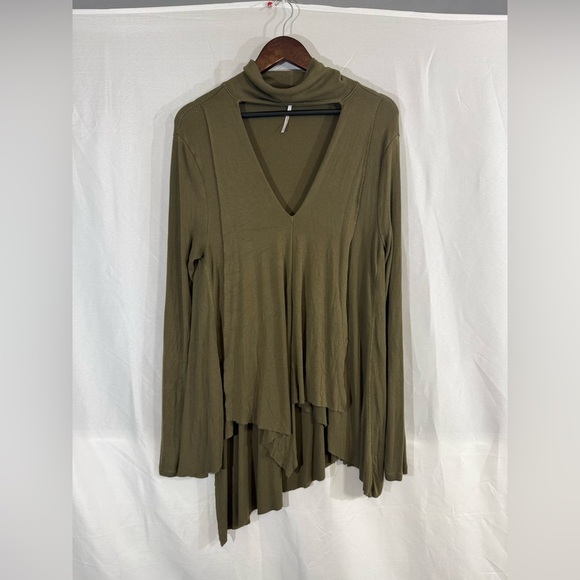 FREE PEOPLE Medium deep v neck plunge tunic green asymmetric Choker Neck Rayon - Picture 2 of 8